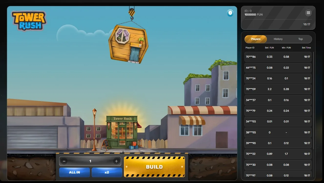 Tower Rush game mechanics crash multiplier Galaxsys